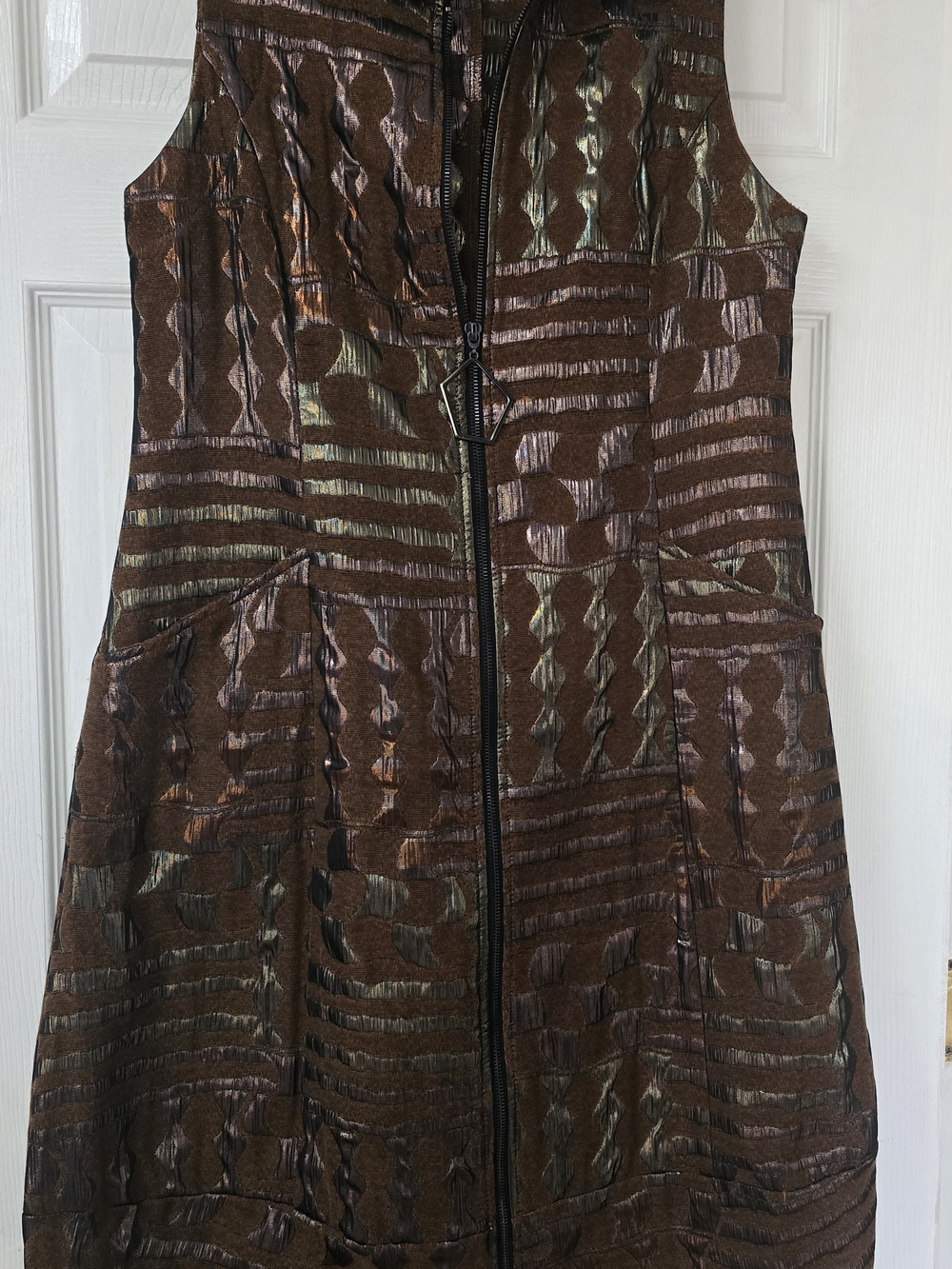 IC COLLECTION Brown Metallic-Pattern Midi Dress with Front Zip